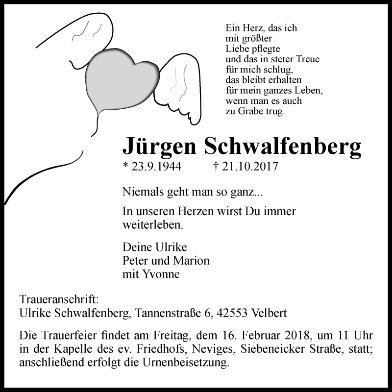  Traueranzeige für Jürgen Schwalfenberg vom 03.02.2018 aus Stadtanzeiger Velbert + Heiligenhaus