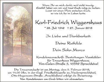 Traueranzeige von Karl-Friedrich Wiggershaus von Stadtspiegel Hattingen/Niedersprockhövel