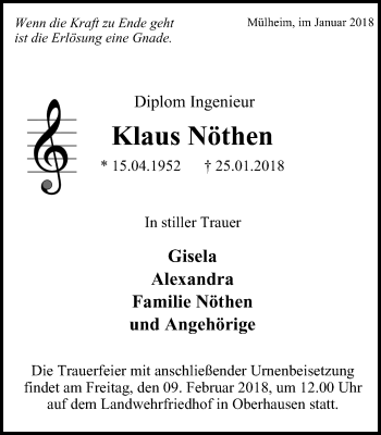 Traueranzeige von Klaus Nöthen von Wochen-Anzeiger Oberhausen