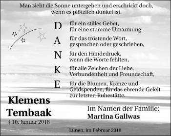 Traueranzeige von Klemens Tembaak von Lüner Anzeiger