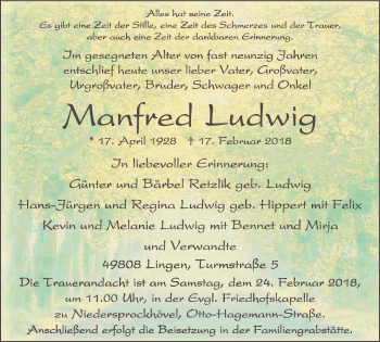 Traueranzeige von Manfred Ludwig von Stadtspiegel Hattingen/Niedersprockhövel