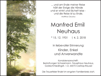 Traueranzeige von Manfred Emil Neuhaus von Stadtanz.Castrop-Rauxel