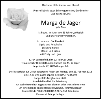 Traueranzeige von Marga de Jager von Wochen-Anzeiger Langenfeld/Monheim/Hilden