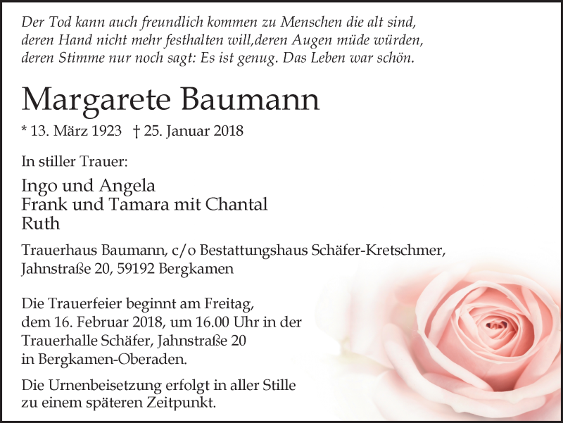  Traueranzeige für Margarete Baumann vom 07.02.2018 aus Stadtspiegel Kamen + Unna
