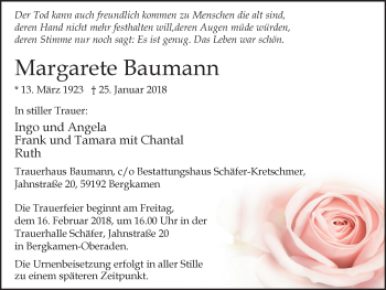 Traueranzeige von Margarete Baumann von Stadtspiegel Kamen + Unna