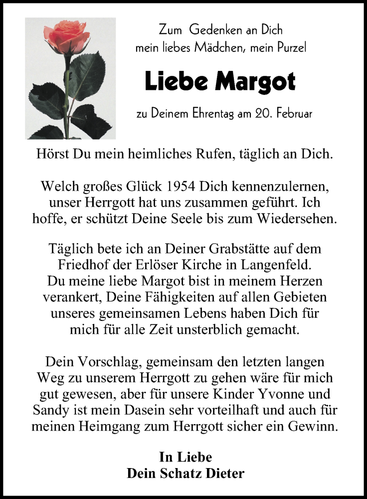  Traueranzeige für Margot  vom 17.02.2018 aus Wochen-Anzeiger Langenfeld/Monheim/Hilden
