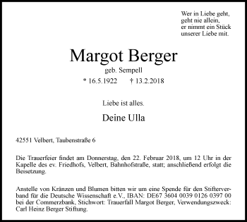 Traueranzeige von Margot Berger von Stadtanzeiger Velbert + Heiligenhaus