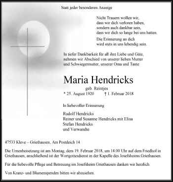 Traueranzeige von Maria Hendricks von Klever Wochenblatt