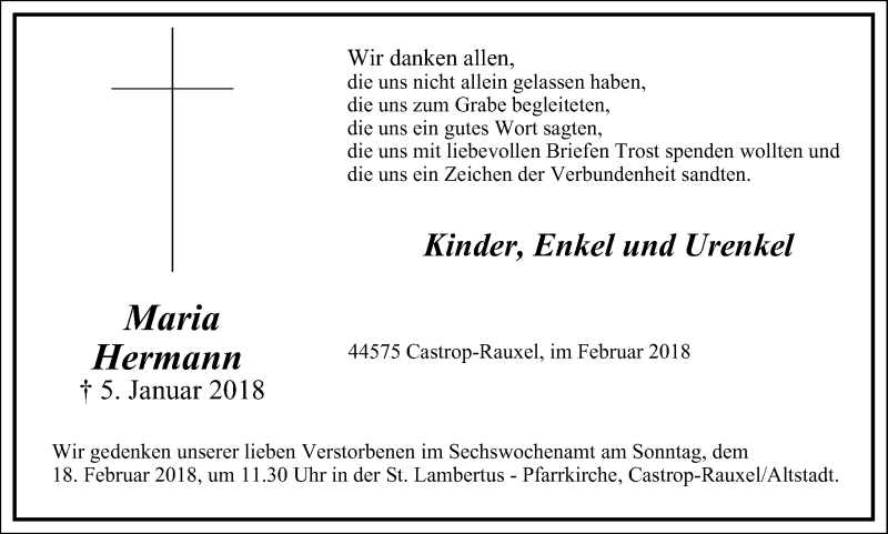  Traueranzeige für Maria Hermann vom 10.02.2018 aus Stadtanz.Castrop-Rauxel