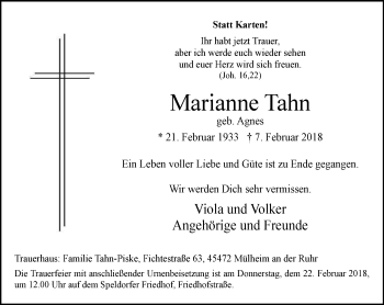 Traueranzeige von Marianne Tahn von Mülheimer Woche
