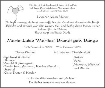 Traueranzeige von Marie-Luise Brandt von Der Weseler + Der Xantener