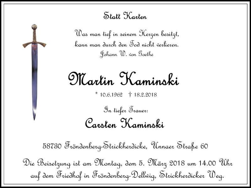  Traueranzeige für Martin Kaminski vom 24.02.2018 aus Stadtspiegel Menden + Froendenberg