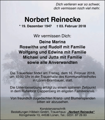 Traueranzeige von Norbert Reinecke von Lüner Anzeiger