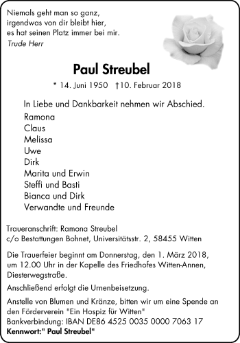Traueranzeige von Paul Streubel von Witten aktuell