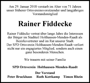 Traueranzeige von Rainer Fiddecke von Mülheimer Woche