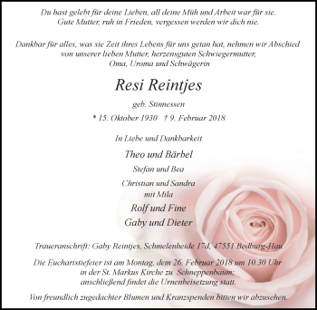 Traueranzeige von Resi Reintjes von Klever Wochenblatt