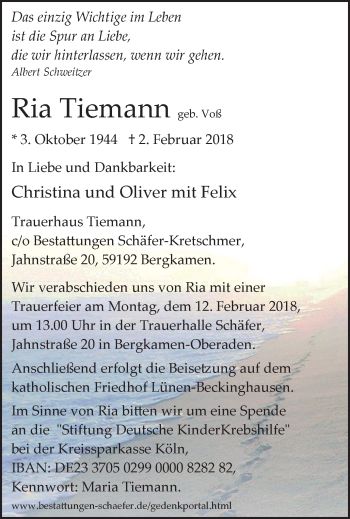 Traueranzeige von Ria Tiemann von Lüner Anzeiger