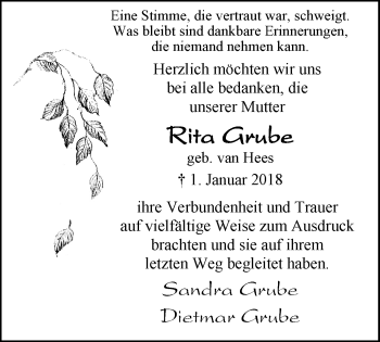 Traueranzeige von Rita Grube von Stadtspiegel Bottrop