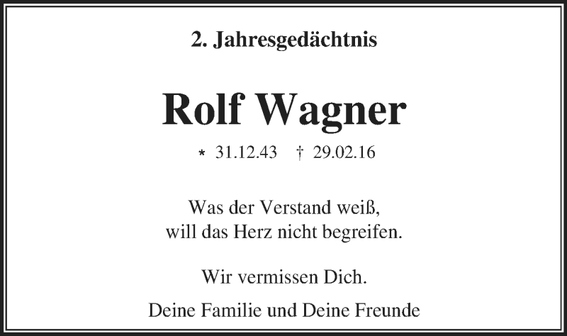  Traueranzeige für Rolf Wagner vom 28.02.2018 aus Mülheimer Woche