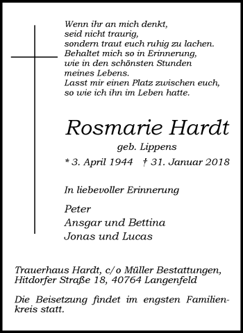 Traueranzeige von Rosmarie Hardt von Wochen-Anzeiger Langenfeld/Monheim/Hilden