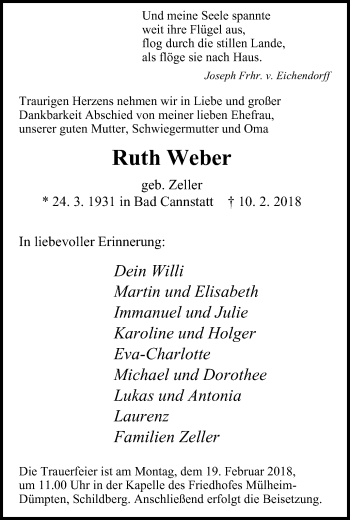 Traueranzeige von Ruth Weber von Wochen-Anzeiger Oberhausen