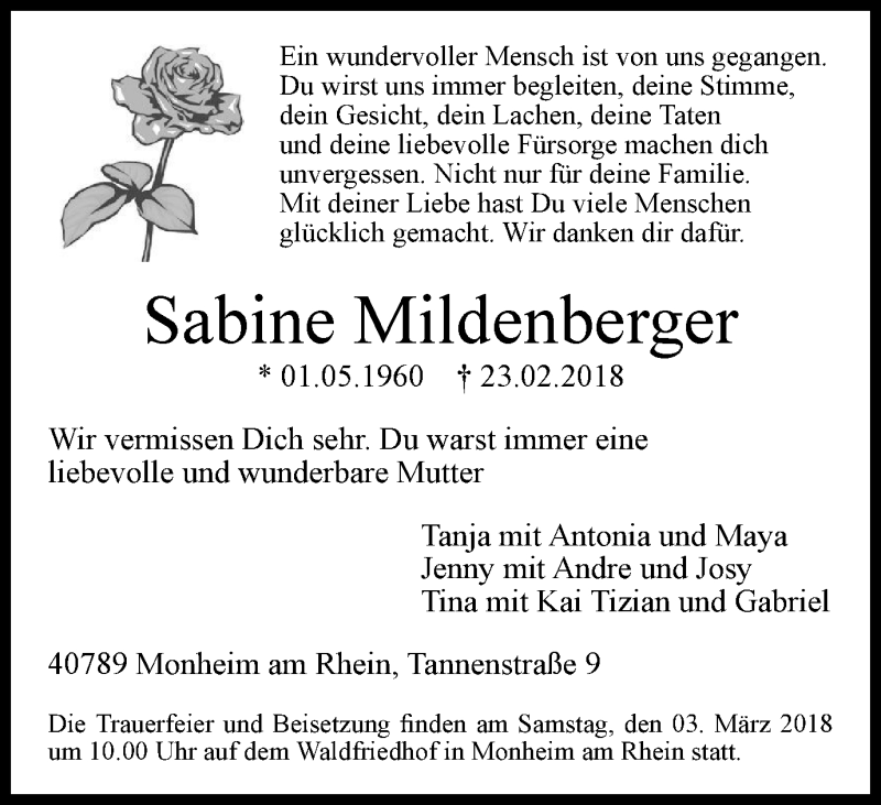  Traueranzeige für Sabine Mildenberger vom 28.02.2018 aus Wochen-Anzeiger Langenfeld/Monheim/Hilden