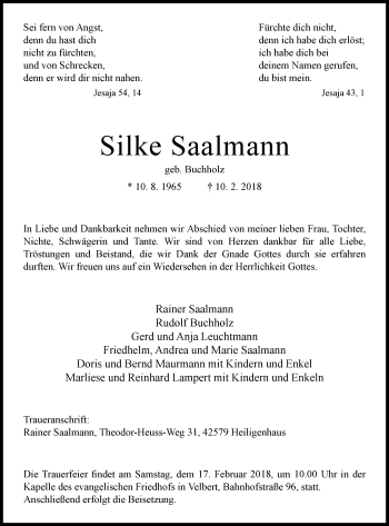 Traueranzeige von Silke Saalmann von Stadtanzeiger Velbert + Heiligenhaus