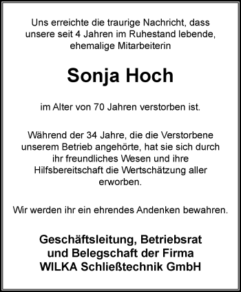 Traueranzeige von Sonja Hoch von Stadtanzeiger Velbert + Heiligenhaus