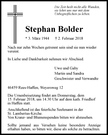 Traueranzeige von Stephan Bolder von Stadtanzeiger Emmerich/Rees/Isselburg