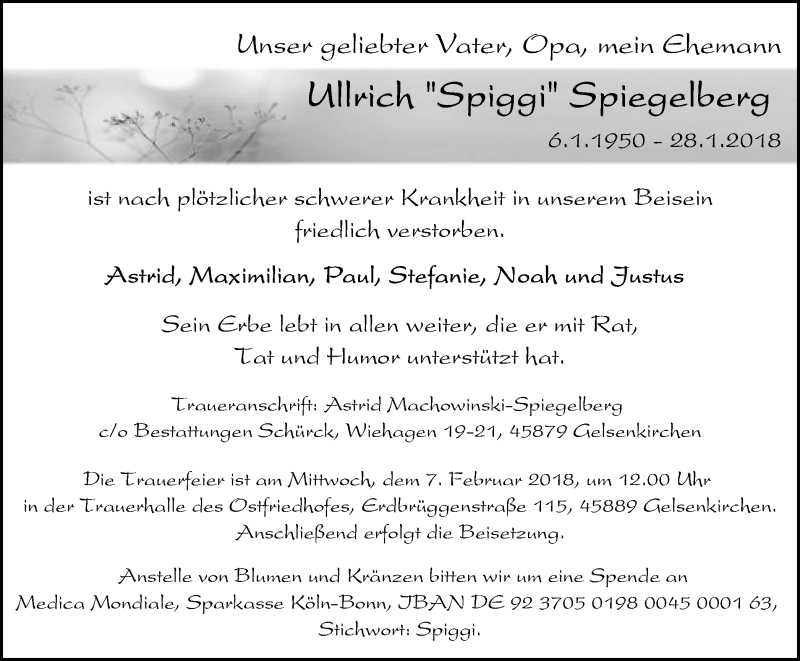  Traueranzeige für Ullrich Spiegelberg vom 03.02.2018 aus Stadtspiegel Gelsenkirchen