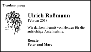 Traueranzeige von Ulrich Roßmann von Stadtspiegel Gladbeck