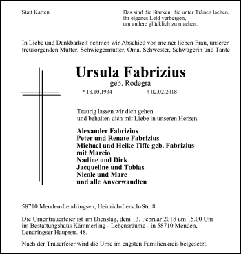 Traueranzeige von Ursula Fabrizius von Stadtspiegel Menden + Froendenberg
