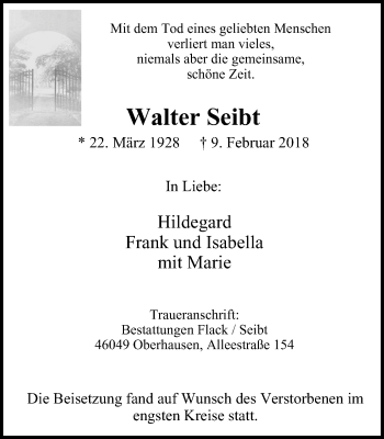 Traueranzeige von Walter Seibt von Wochen-Anzeiger Oberhausen