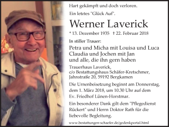 Traueranzeige von Werner Laverick von Lüner Anzeiger