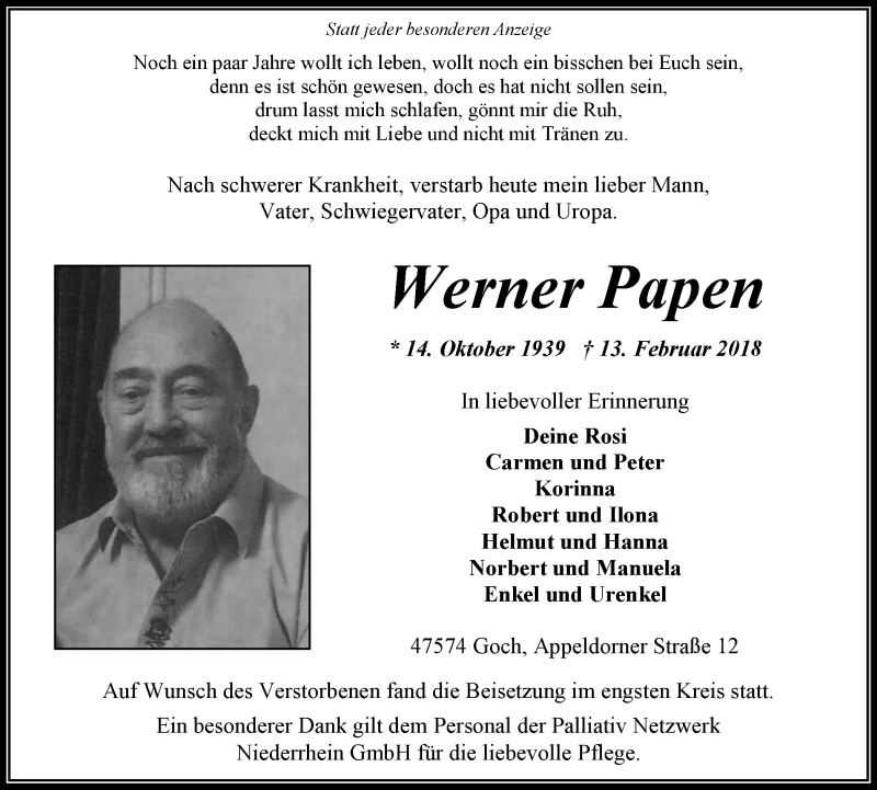  Traueranzeige für Werner Papen vom 24.02.2018 aus Gocher Wochenblatt