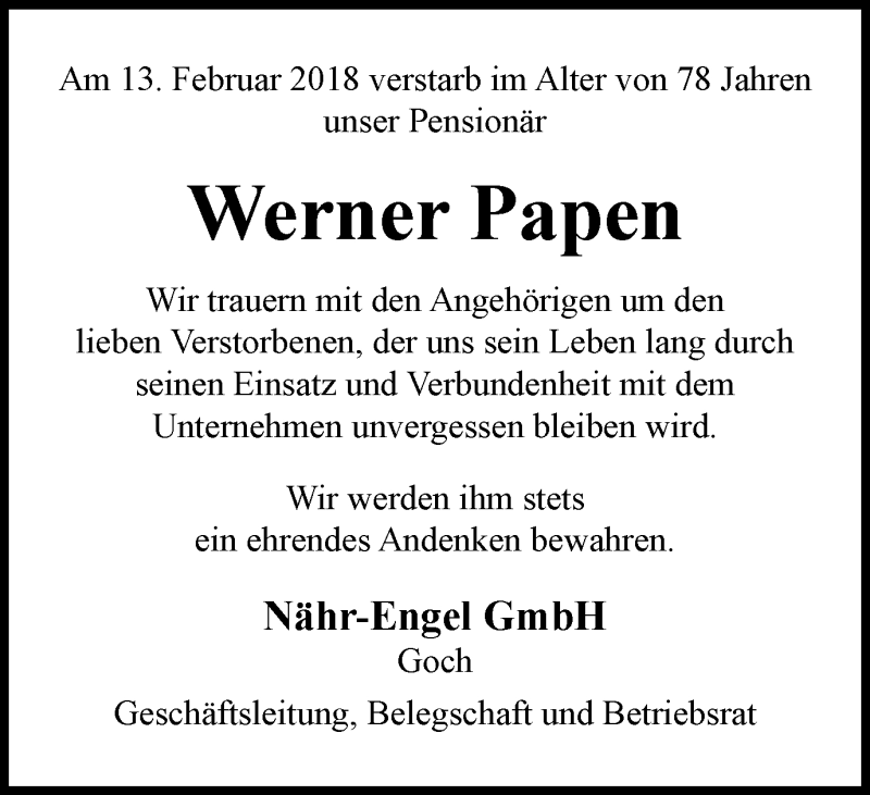  Traueranzeige für Werner Papen vom 28.02.2018 aus Gocher Wochenblatt