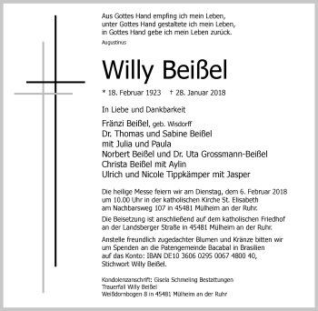 Traueranzeige von Willy Beißel von Mülheimer Woche