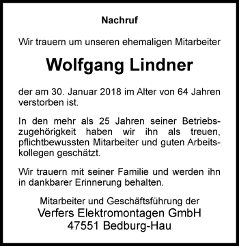 Traueranzeige von Wolfgang Lindner von Klever Wochenblatt