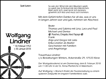 Traueranzeige von Wolfgang Lindner von Klever Wochenblatt