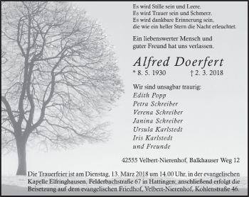 Traueranzeige von Alfred Doerfert von Stadtanzeiger Velbert + Heiligenhaus