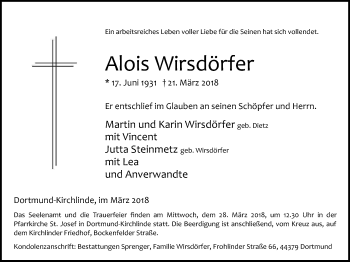 Traueranzeige von Alois Wirsdörfer von Stadtanz.Castrop-Rauxel