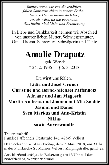 Traueranzeige von Amalie Drapatz von Stadtanzeiger Velbert + Heiligenhaus