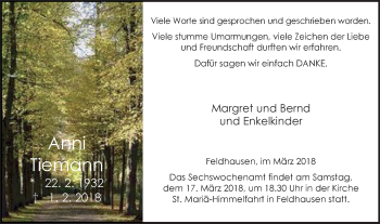 Traueranzeige von Anni Tiemann von Stadtspiegel Bottrop
