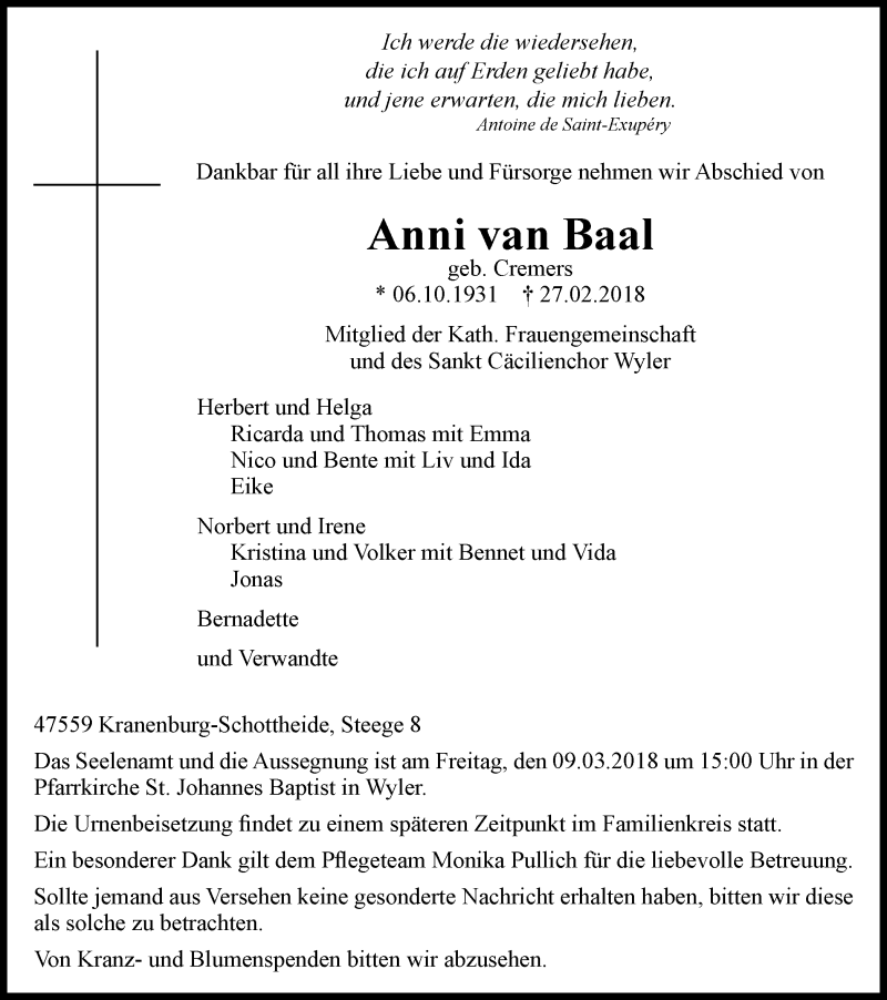  Traueranzeige für Anni van Baal vom 07.03.2018 aus Klever Wochenblatt