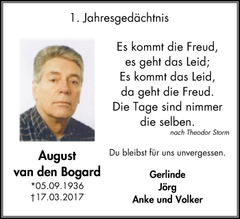 Traueranzeige von August van den Bogard von Klever Wochenblatt