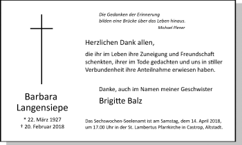 Traueranzeige von Barbara Langensiepe von Stadtanz.Castrop-Rauxel