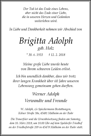 Traueranzeige von Brigitta Adolph von Mülheimer Woche