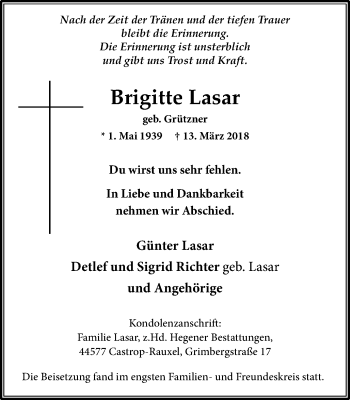 Traueranzeige von Brigitte Lasar von Stadtanz.Castrop-Rauxel