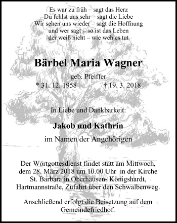 Traueranzeige von Bärbel Maria Wagner von Wochen-Anzeiger Oberhausen