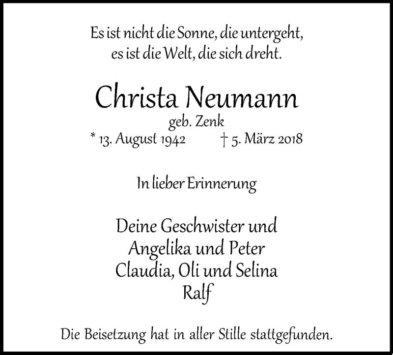  Traueranzeige für Christa Neumann vom 28.03.2018 aus Kettwig Kurier